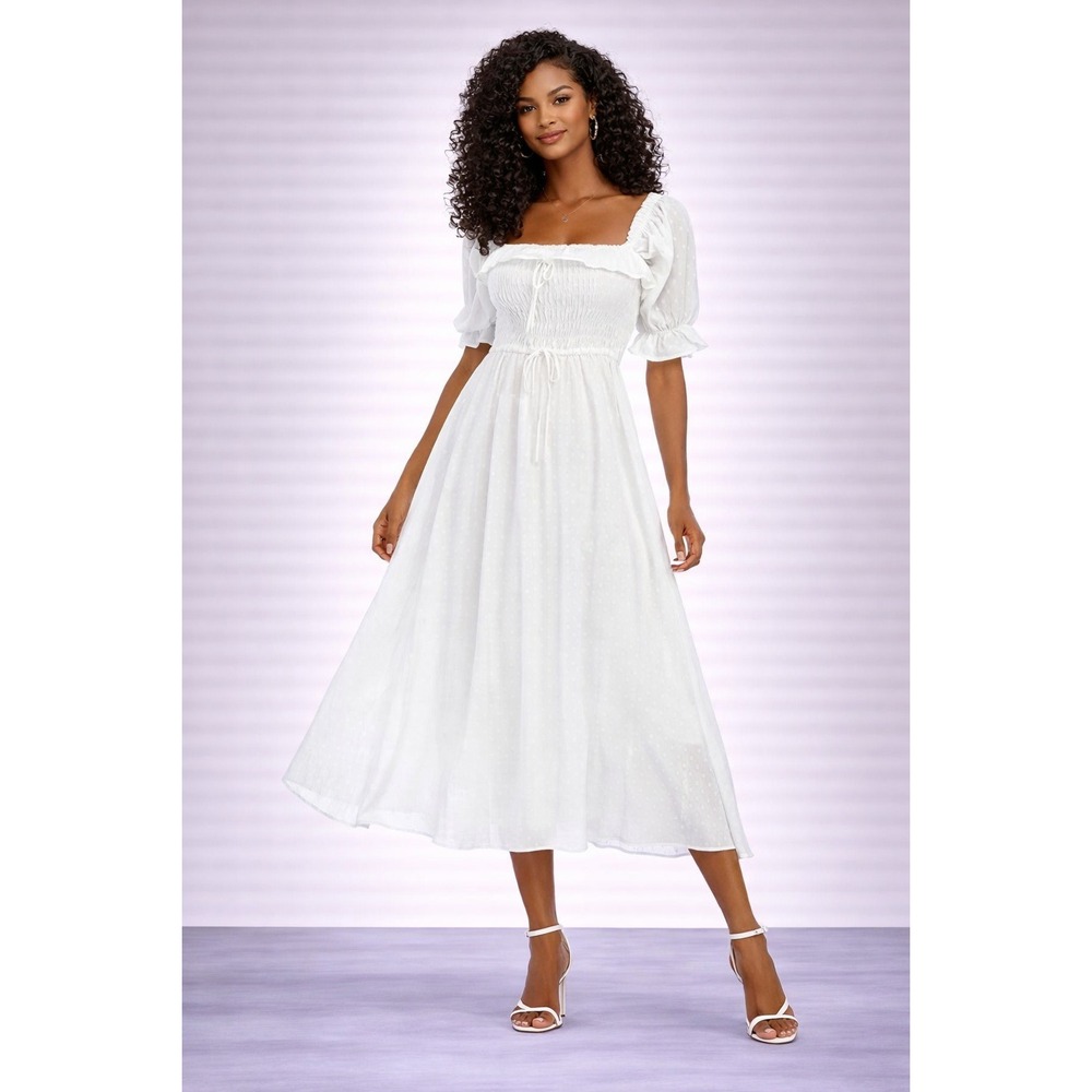 R. YLPosha White Smocked Midi Dress Women's XXL Puff Sleeve Square Neck Flowy‎